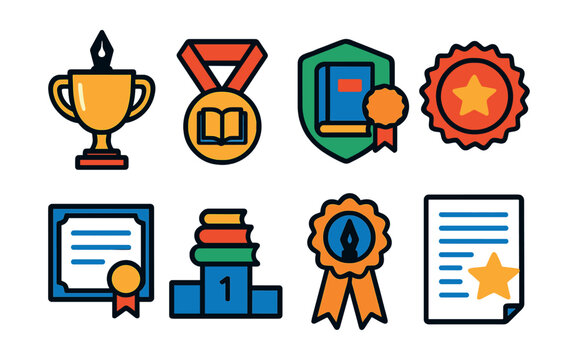Flat vector icons of literary awards and recognition: trophy with pen, literary medal, book award badge, bestseller seal, certificate of publication, podium with books, writing competition ribbon,