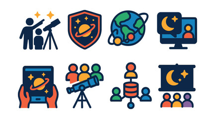 Flat vector icons of astronomy community: people stargazing, space club badge, global astronomy symbol, online forum, virtual sky tour, community telescope, shared data platform, meet-up event.