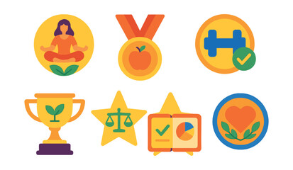 Flat vector icons of wellness challenge achievements: finishing 30-day yoga challenge badge, completing mindful eating program medal, mastering breathwork challenge ribbon, reaching consistent