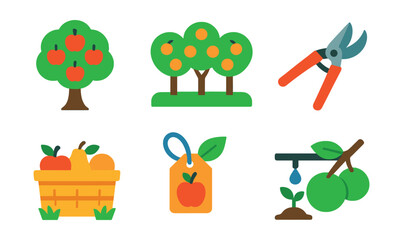 Fototapeta premium Flat vector icons of orchards and fruit trees: apple tree, orange orchard, pruning shears, fruit basket, orchard fence, tree tag, irrigation drip line, ripening fruit.