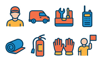 Maintenance and repair flat icon set. toolbox, safety, and utility symbols