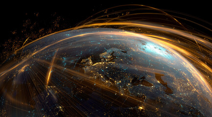 a stylized globe with glowing MSME clusters lighting up across developing regions, beams of light connecting continents, painterly Arcane animation, global energy and potential rising