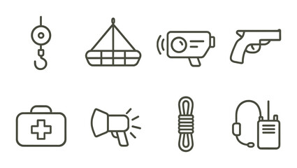Industrial tools and equipment icon set. linear style work gear symbols