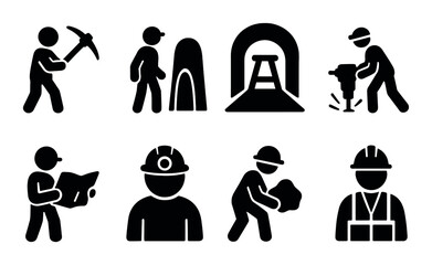 Mining industry silhouette icon set. extraction and resources symbols