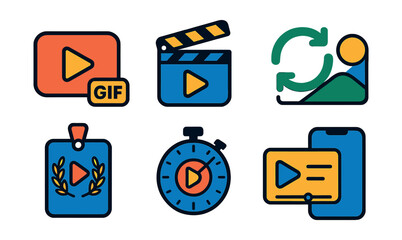 Fototapeta premium Flat vector icons of short animations: animated GIF, short film clapperboard, looping icon, minimalist scene, festival entry card, 1-minute animation tag, teaser animation, mobile screen preview.