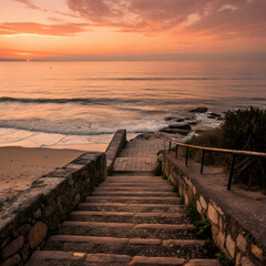 stone steps leading to calm ocean at sunset
