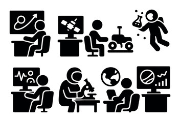 Science and technology silhouette icon set: research and innovation symbols