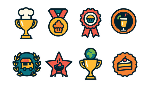 Flat vector icons of culinary competitions: best chef competition trophy, baking contest champion medal, food plating contest ribbon, mixology cocktail challenge badge, street food battle award,