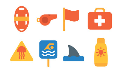Flat vector icons of beach safety: lifeguard buoy, whistle, warning flag, first aid kit, jellyfish alert, swim zone sign, shark fin, sunscreen reminder.