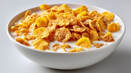 A close-up shot of a bowl of corn flakes cereal swimming in creamy milk ready for breakfast.