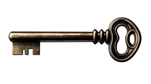 Ornamental Skeleton Key, Metallic Finish, Golden Tone, Cut Out Transparent