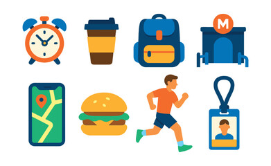 Flat vector icons of urban morning routine: alarm clock, coffee to go, packed backpack, metro entrance, smartphone map, breakfast sandwich, early jogger, work ID badge.