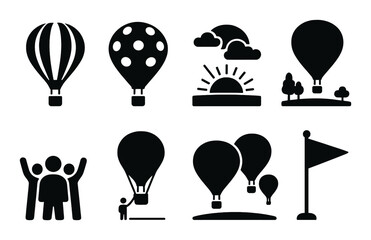 Hot air balloon silhouette icon set. adventure and travel symbols collection