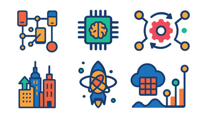 Flat vector icons of the future of IoT: intelligent swarm of devices, autonomous decision chip, real-time adaptation icon, decentralized IoT node, next-gen smart city, quantum sensor, futuristic
