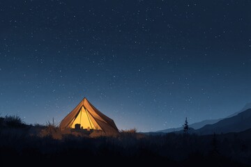 Nighttime Camping Adventure Under a Starry Sky With a Glowing Tent and Serene Wilderness Backdrop