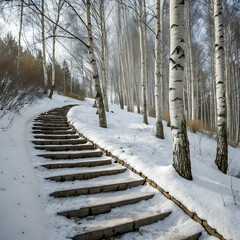 stone steps winding through a birch tree forest in