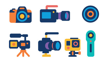Flat vector icons of video cameras and recording gear: DSLR camera, cinema cam, handheld camcorder, lens icon, camera on tripod, rig setup, action cam, 360 camera.