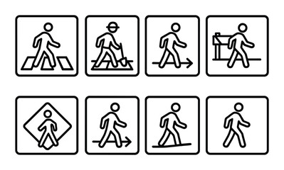 Pedestrian safety silhouette icon set. walking and traffic street symbols