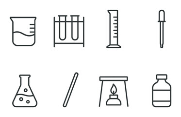 Laboratory science linear icon set. chemistry and research symbols