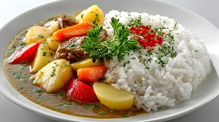 A delectable plate of savory beef stew with potatoes carrots and peppers served alongside fluffy white rice.