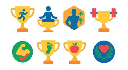 Flat vector icons of fitness and health trophies: marathon finisher cup, yoga master trophy, fitness transformation badge, weightlifting competition winner cup, personal fitness milestone badge,
