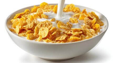 A bowl of golden cornflakes cereal with milk being poured, a delicious and healthy breakfast option.