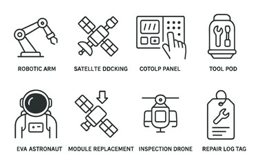Space technology linear icon set: exploration and robotics symbols for innovation