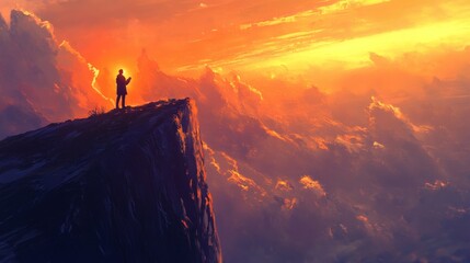 Silhouette of an Individual Standing on a Cliff Edge Overlooking Vast Skies Glowing with Orange Light at Dusk