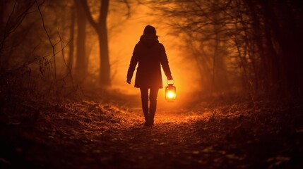 Female figure strolls through dark foggy woodland path illuminating the way with handheld glowing lantern