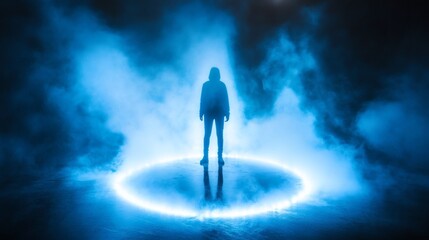 Figure in hooded jacket standing in circle of light in atmospheric, blue environment with mist and ground reflection