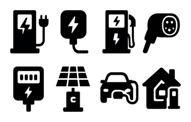 Electric vehicle silhouette icon set: charging, energy, and eco-friendly symbols