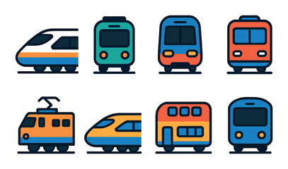 Train and transport linear style icon set. rail travel and public transit symbols