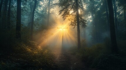 Fototapeta premium Radiant Christian Cross Shines Through Misty Forest Clearing With Sunlight