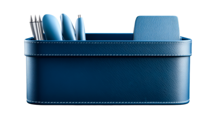 Desktop stationery organizer, blue leather office supplies, cut out transparent