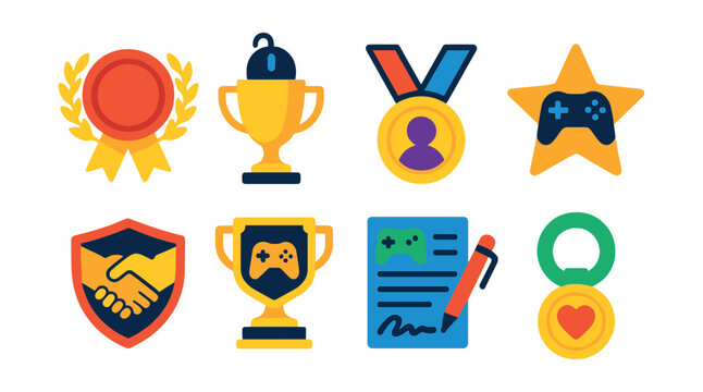 Flat vector icons of esports sponsorship and partnership achievements: major sponsor badge, tech gear partner trophy, esports brand ambassador medal, gaming gear endorsement star, charity event