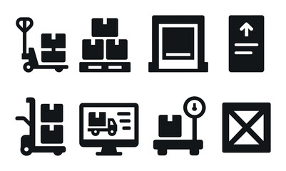 Logistics and delivery icon set. silhouette style packaging and shipment symbols