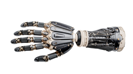An incredibly detailed close-up showcases the advanced mechanics of a robotic hand, perfectly isolated.