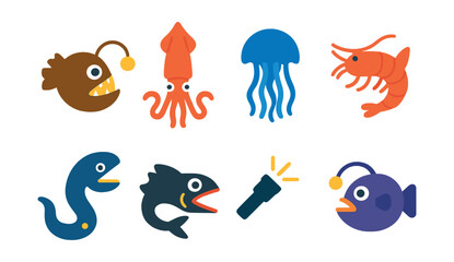 Flat vector icons of deep sea creatures: anglerfish, giant squid, deep jelly, abyssal shrimp, gulper eel, black dragonfish, bioluminescent light, trench fish.