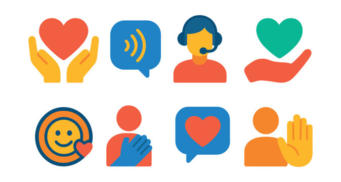 Flat vector icons of empathy and customer care: empathy heart icon, active listening bubble, caring agent avatar, supportive tone symbol, smiley support badge, human touch icon, kind response,