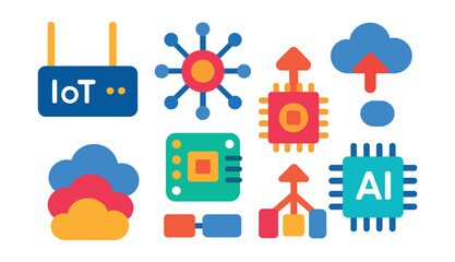 Flat vector icons of IoT gateways and edge devices: IoT gateway device, edge node icon, local processing chip, device-to-cloud arrow, fog computing layer, microcontroller board, device aggregation