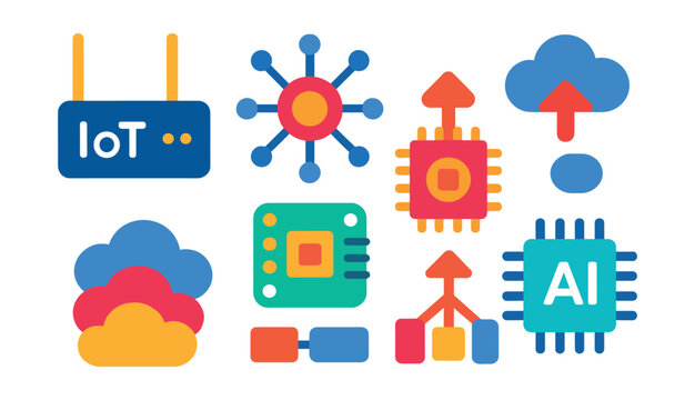 Flat vector icons of IoT gateways and edge devices: IoT gateway device, edge node icon, local processing chip, device-to-cloud arrow, fog computing layer, microcontroller board, device aggregation