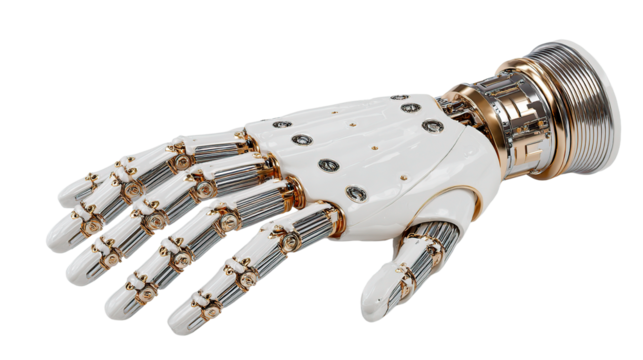 A gleaming, detailed image of a robotic hand with a complex internal design.