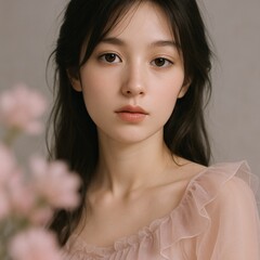 Naklejka premium Soft natural portrait of young woman with long dark hair and clear skin wearing sheer ruffled blouse, delicate expression and romantic atmosphere in pastel tones