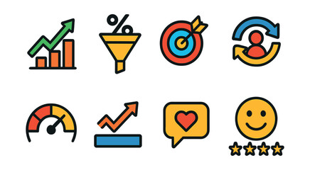 Flat vector icons of metrics and KPIs: growth rate icon, conversion percentage, revenue target, churn rate, ROI gauge, bounce rate icon, engagement metric, customer satisfaction score.