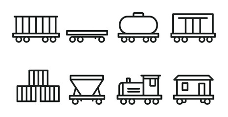 Railway transport linear icon set. train and cargo silhouette symbols