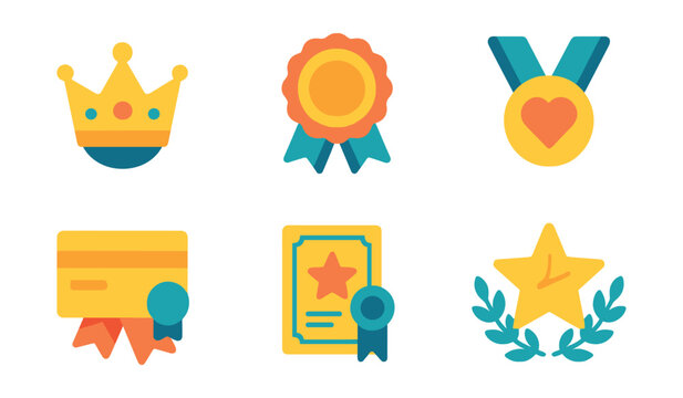 Flat vector icons of customer loyalty awards: loyalty program crown, premium membership badge, top client trophy, customer appreciation medal, gold cardholder ribbon, VIP club award certificate,