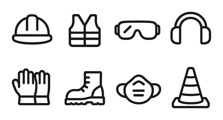 Safety equipment silhouette icon set. industrial and protective gear symbols