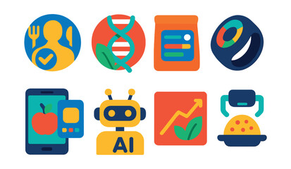 Flat vector icons of nutrition trends and innovation: personalized nutrition icon, DNA-based diet badge, smart food label, food tracker ring, AI-powered food app, clean eating trend graph,