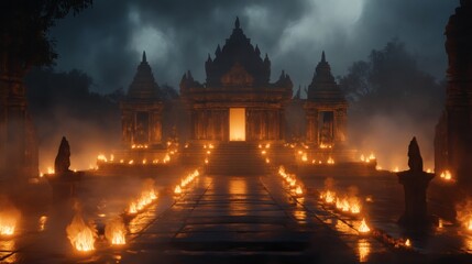 Obraz premium Ancient stone sanctuary illuminated by rows of flickering flames under a dark sky, mystical atmosphere, religion theme