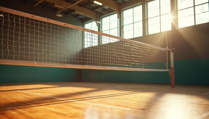 Volleyball net gym shot with wooden floor, sun flares. Sport game equipment, net detail, interior view, healthy lifestyle, active leisure. Sunny sunlight lights sports hall.